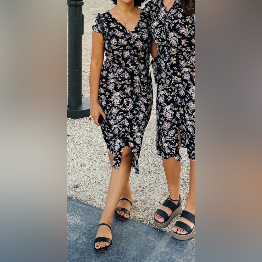 Monteau Black Floral V-Neck Dress with Pink & Yellow Blossoms